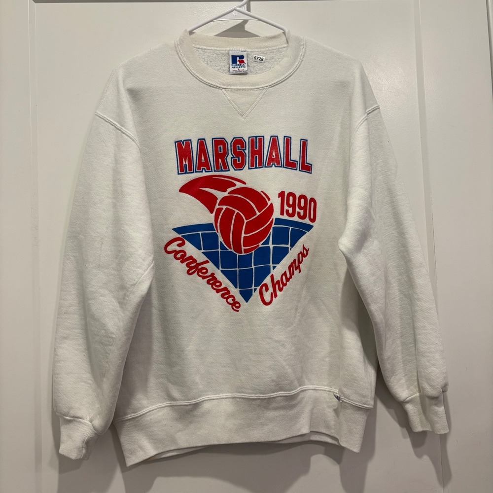 Vintage Russell Athletic Marshall 1990 Conference Champs Sweatshirt White Mens L